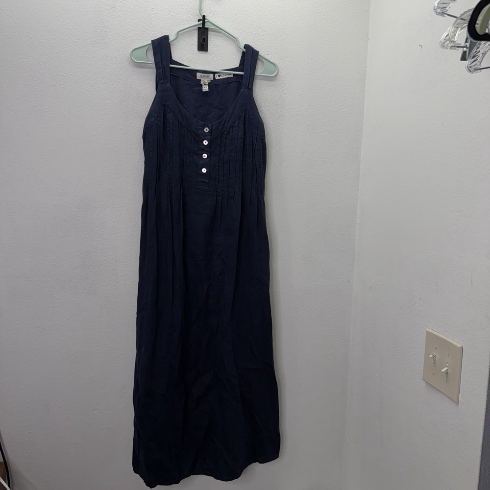 Malvin I Love Linen Navy Blue Midi Shift Dress Womens SZ L US 10 Pleated Long